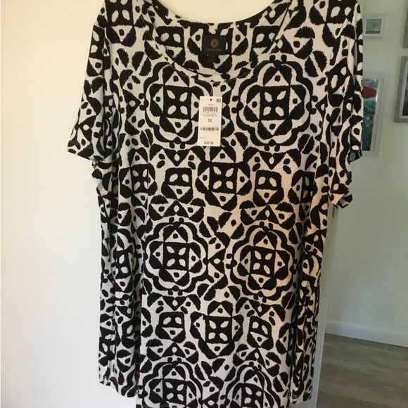 JM COLLECTION T-shirt 1X black/white rayon/spandex =stretchy NWT short sleeve - Picture 2 of 8
